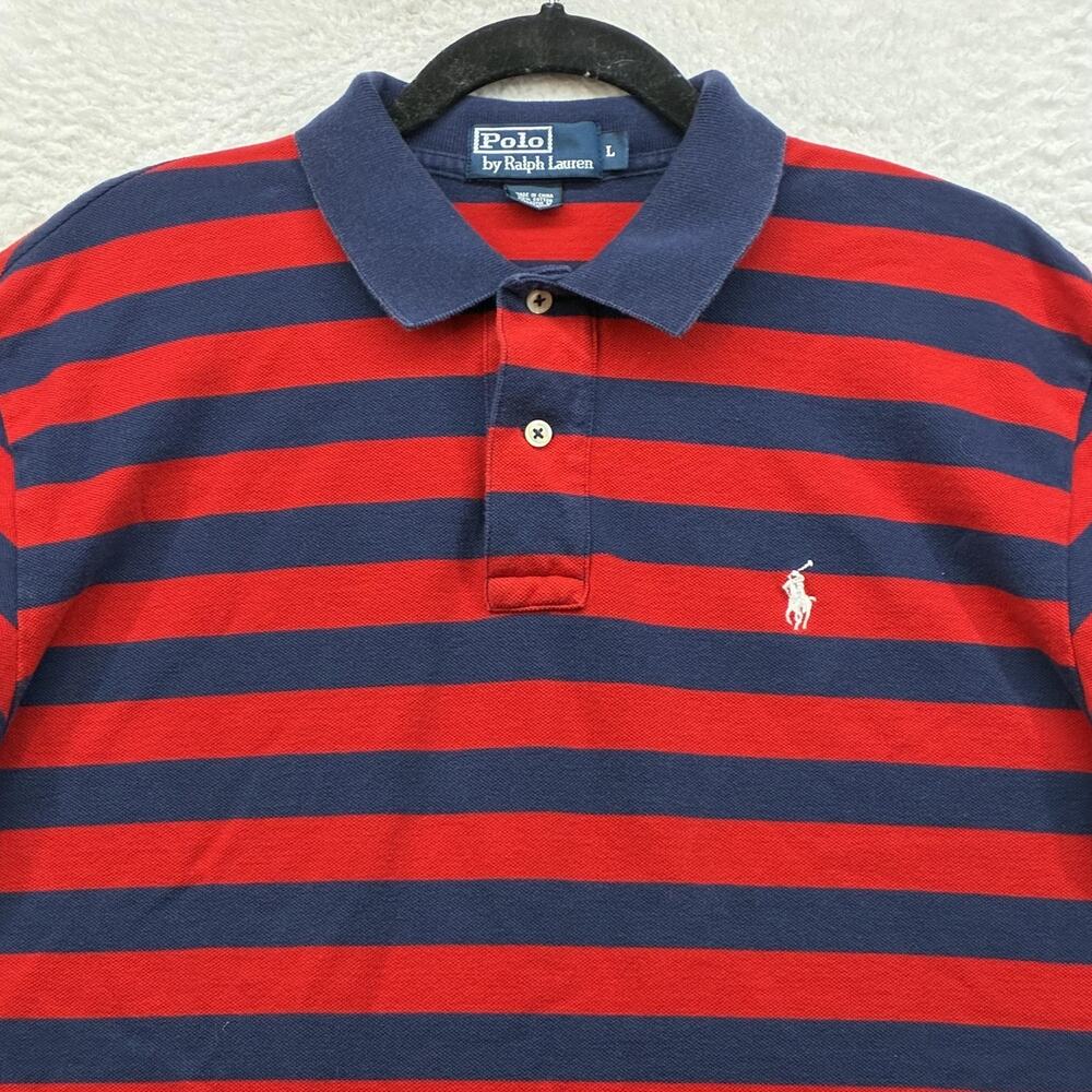 Vintage Polo By Ralph Lauren Polo Shirt Mens Large Red Navy Striped Pony Golf - Picture 4 of 10
